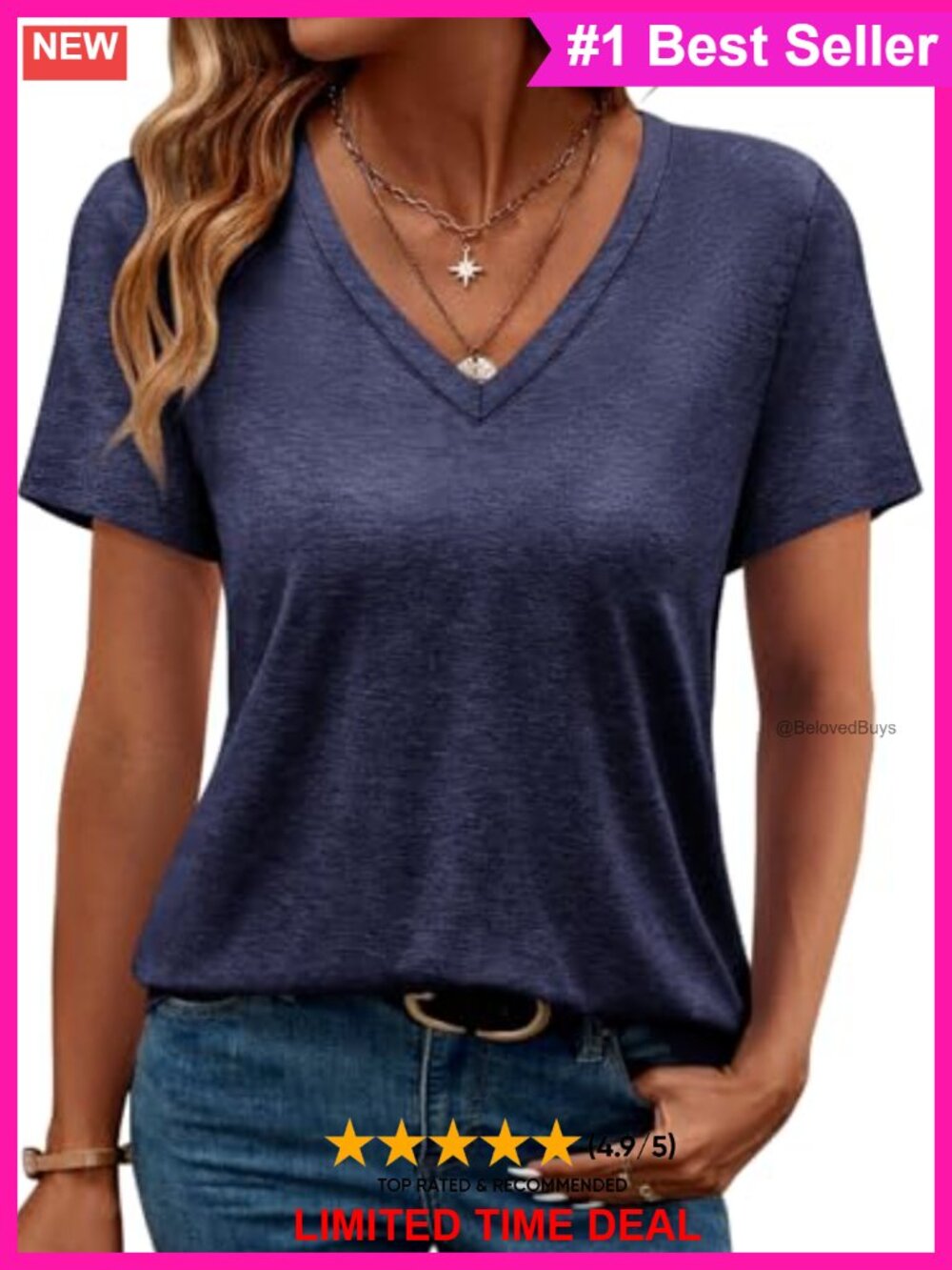 Womens V Neck Short Sleeve Tee Casual Loose Summer T-Shirt Cotton Blend